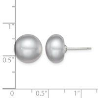 Sterling Silver Rhodium-plated 11-12mm Grey Button Freshwater Cultured Pearl Post Earrings view 4