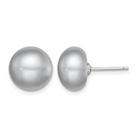 Sterling Silver Rhodium-plated 11-12mm Grey Button Freshwater Cultured Pearl Post Earrings view 1