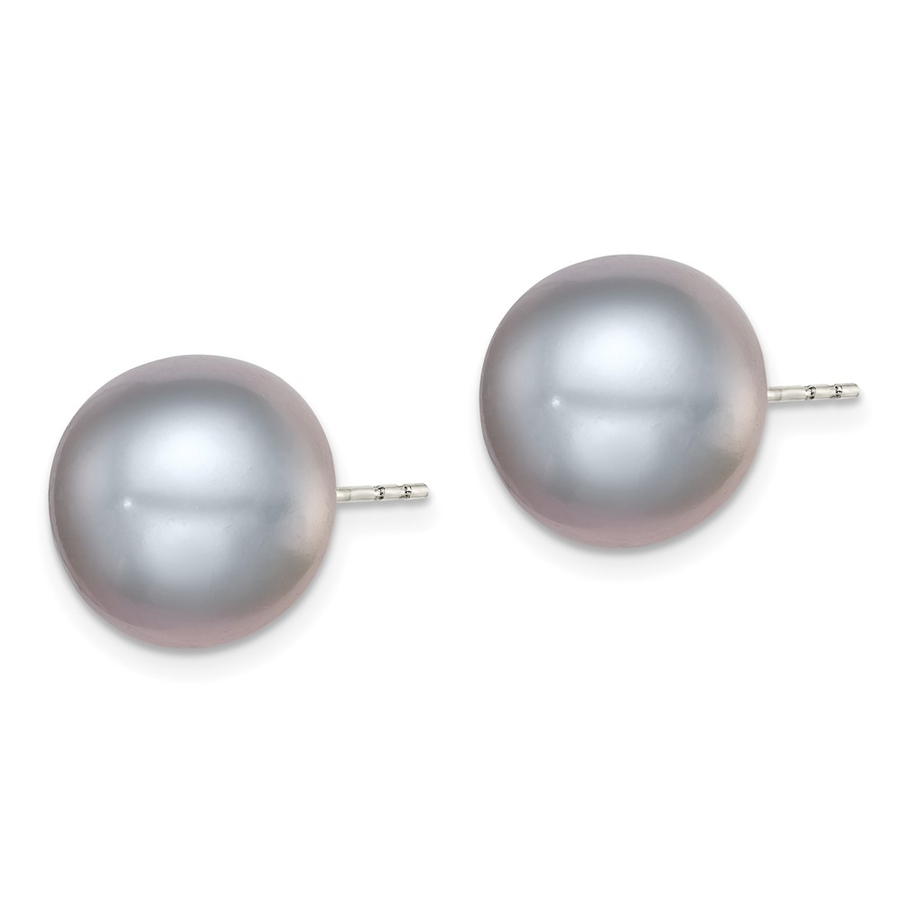 Sterling Silver Rhodium-plated 12-13mm Grey Button Freshwater Cultured Pearl Post Earrings (QE12681)