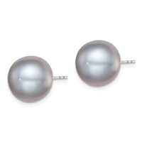 Sterling Silver Rhodium-plated 12-13mm Grey Button Freshwater Cultured Pearl Post Earrings view 2