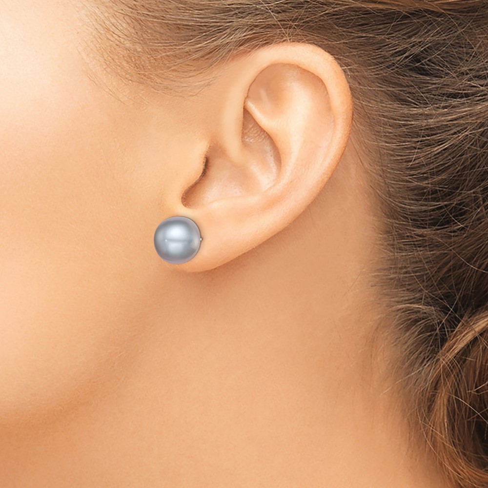 Sterling Silver Rhodium-plated 12-13mm Grey Button Freshwater Cultured Pearl Post Earrings (QE12681)