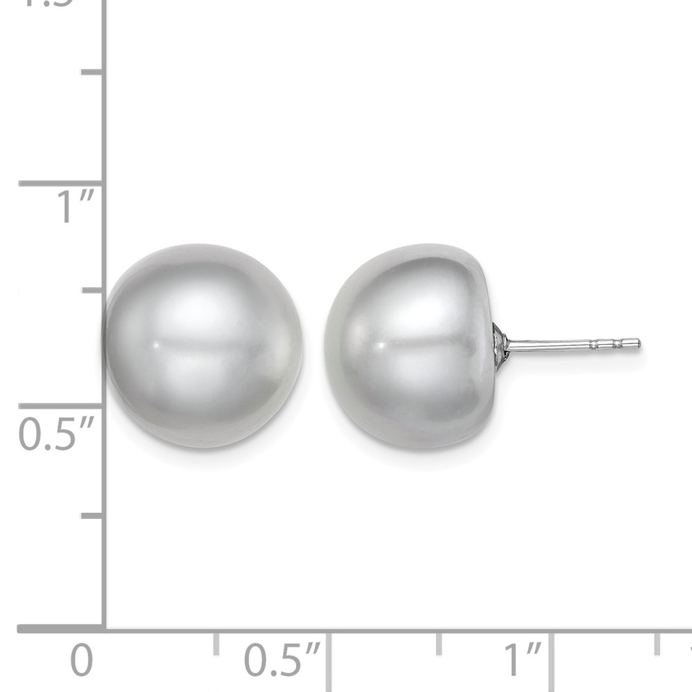Sterling Silver Rhodium-plated 12-13mm Grey Button Freshwater Cultured Pearl Post Earrings (QE12681)