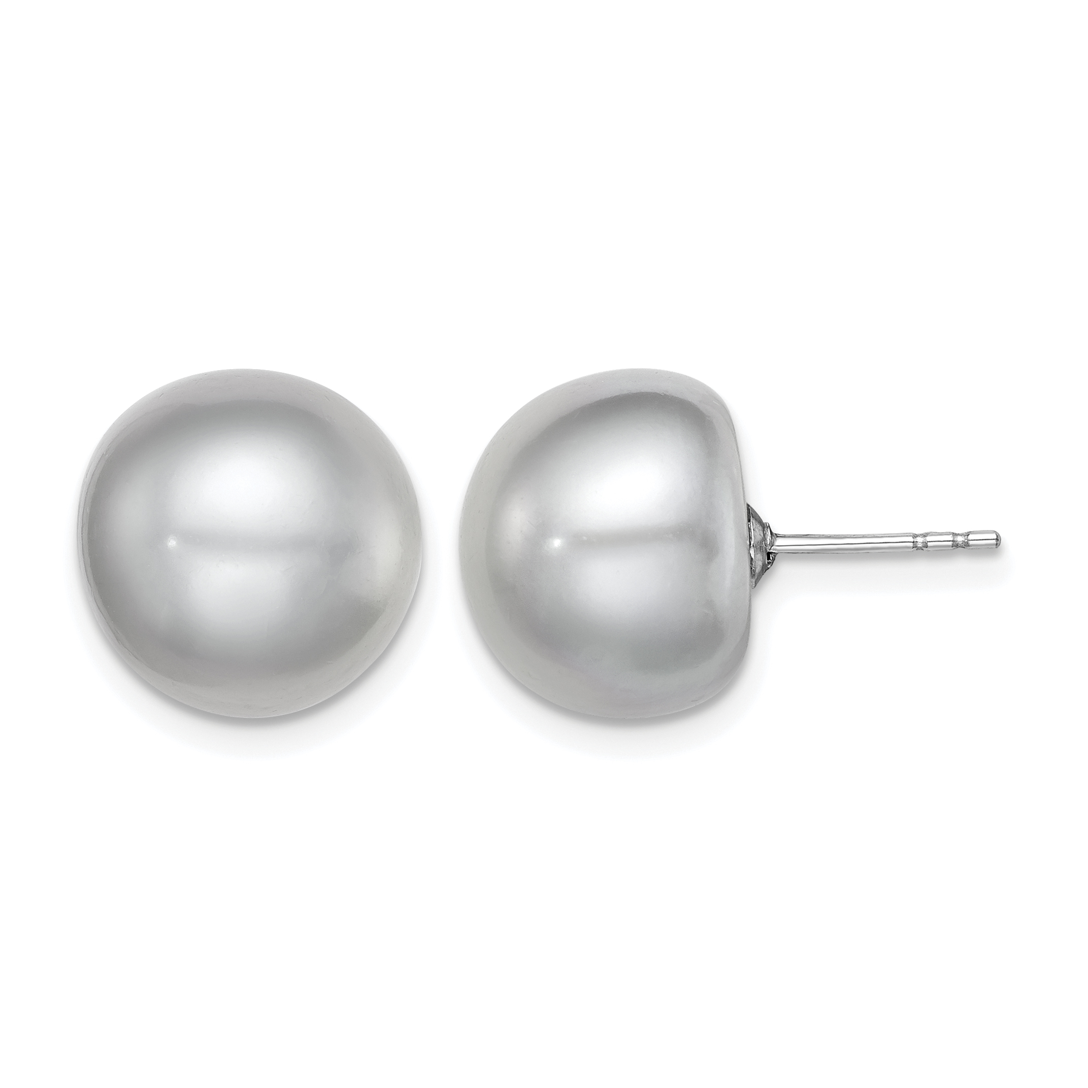 Sterling Silver Rhodium-plated 12-13mm Grey Button Freshwater Cultured Pearl Post Earrings (QE12681)