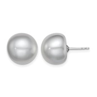 Sterling Silver Rhodium-plated 12-13mm Grey Button Freshwater Cultured Pearl Post Earrings view 1
