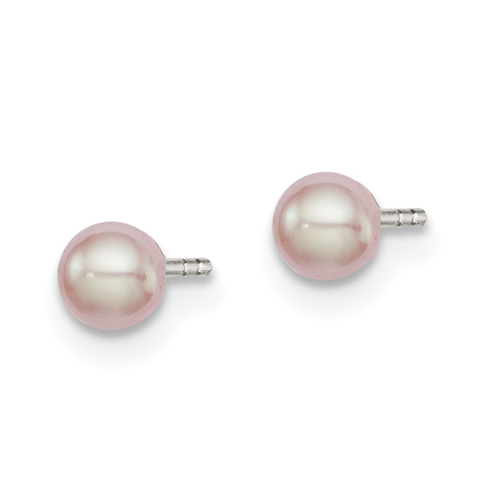 Sterling Silver Rhodium-plated 3-4mm Pink Button Freshwater Cultured Pearl Post Earrings (QE12682)