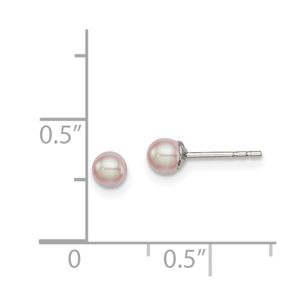 Sterling Silver Rhodium-plated 3-4mm Pink Button Freshwater Cultured Pearl Post Earrings (QE12682)