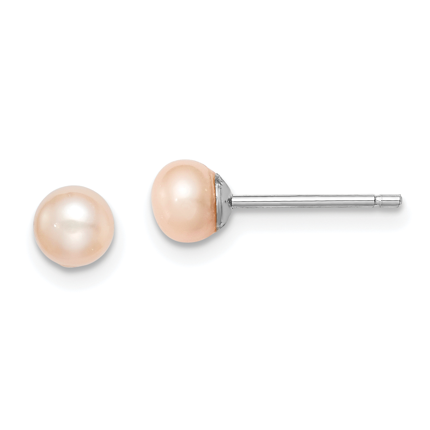 Sterling Silver Rhodium-plated 4-5mm Pink Button Freshwater Cultured Pearl Post Earrings (QE12683)