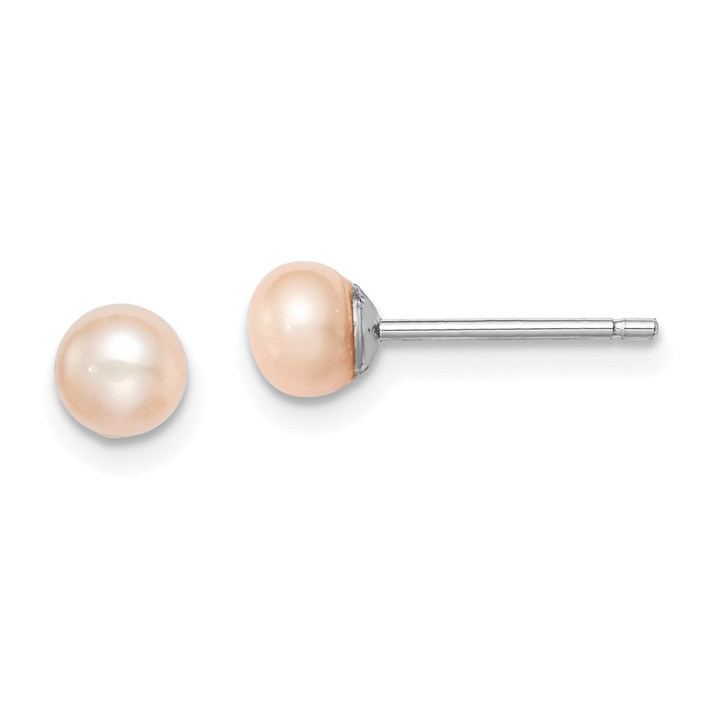 Sterling Silver Rhodium-plated 4-5mm Pink Button Freshwater Cultured Pearl Post Earrings (QE12683)