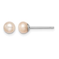 Sterling Silver Rhodium-plated 4-5mm Pink Button Freshwater Cultured Pearl Post Earrings view 1