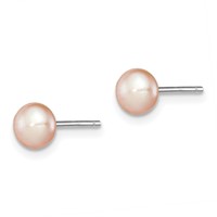Sterling Silver Rhodium-plated 5-6mm Pink Button Freshwater Cultured Pearl Post Earrings view 2
