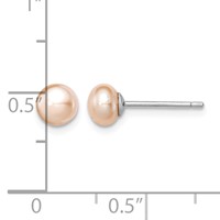 Sterling Silver Rhodium-plated 5-6mm Pink Button Freshwater Cultured Pearl Post Earrings view 4
