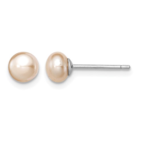 Sterling Silver Rhodium-plated 5-6mm Pink Button Freshwater Cultured Pearl Post Earrings