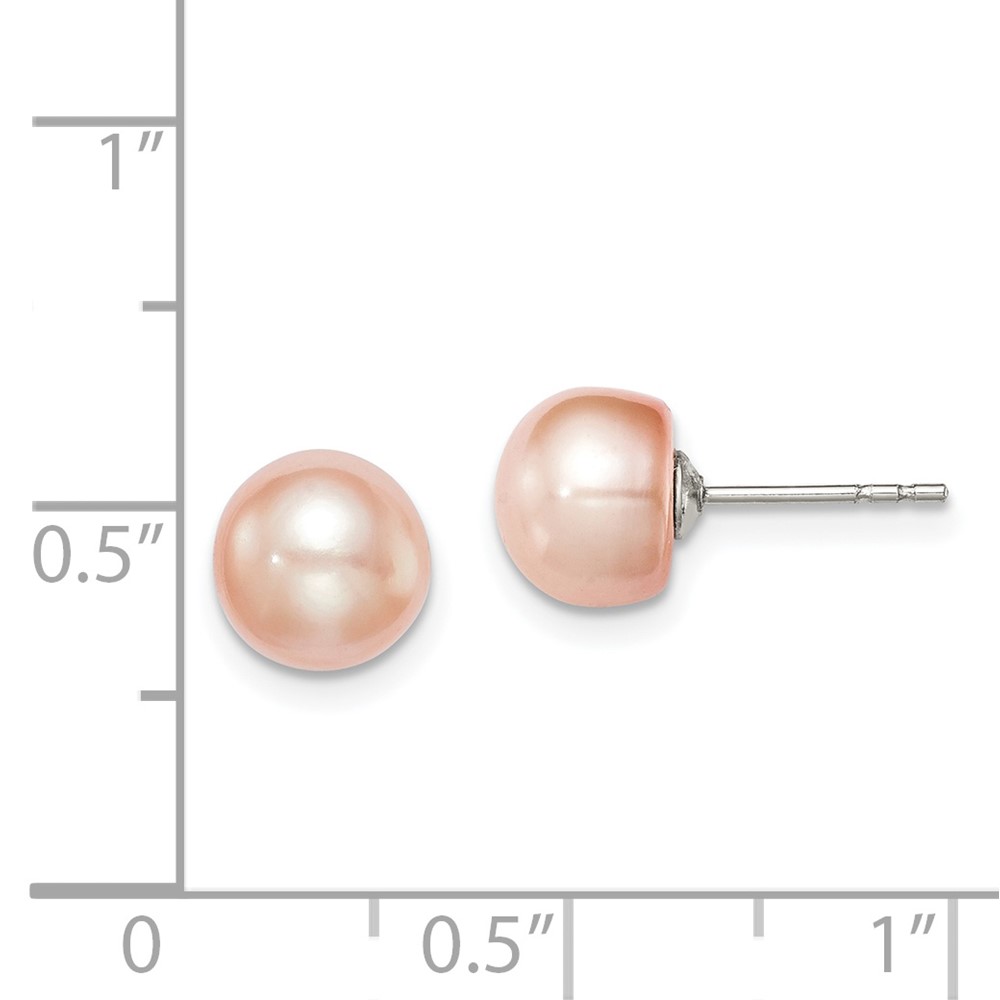 Sterling Silver Rhodium-plated 7-8mm Pink Button Freshwater Cultured Pearl Post Earrings (QE12685)