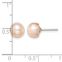 Sterling Silver Rhodium-plated 7-8mm Pink Button Freshwater Cultured Pearl Post Earrings view 4