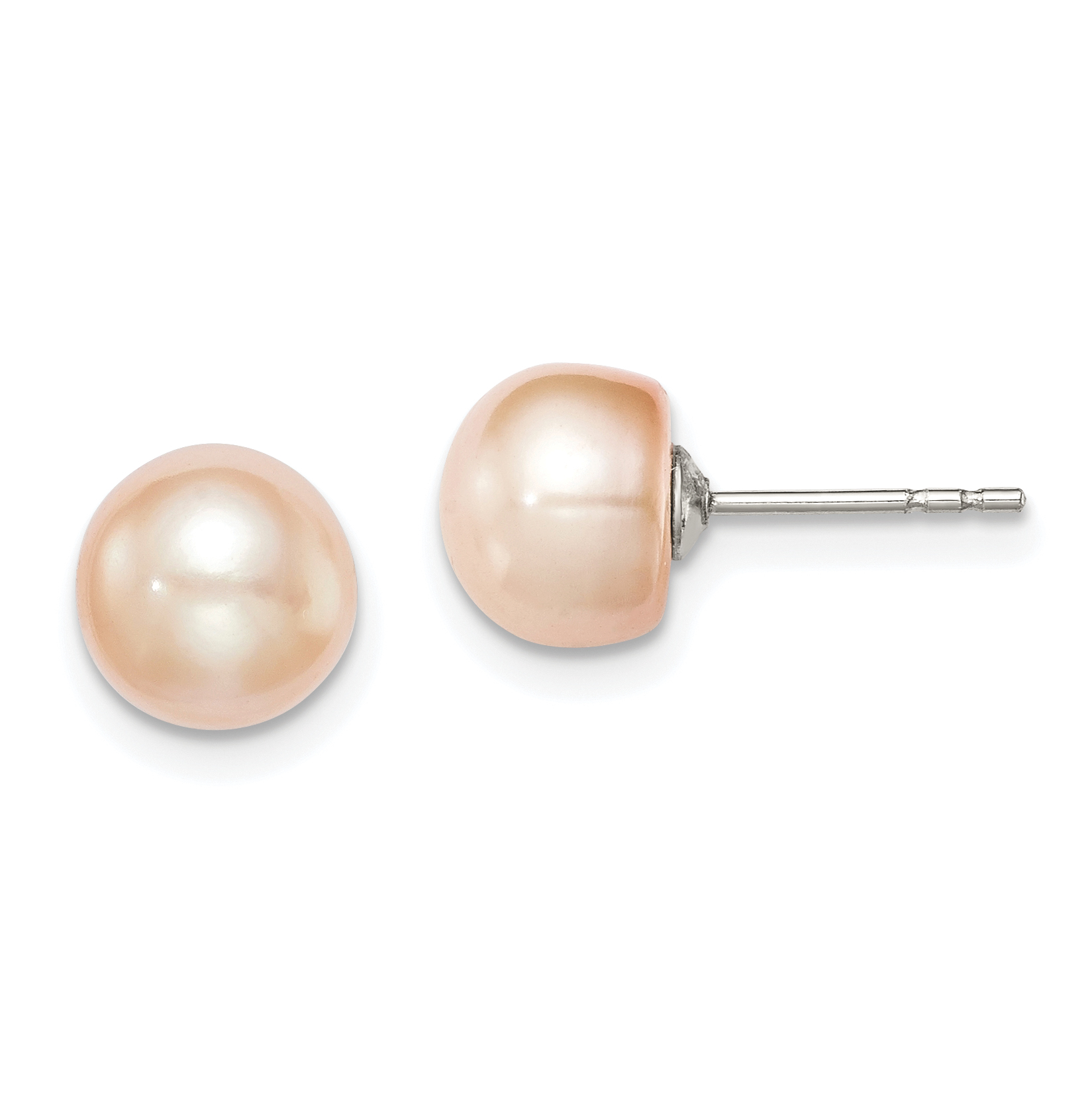 Sterling Silver Rhodium-plated 7-8mm Pink Button Freshwater Cultured Pearl Post Earrings (QE12685)
