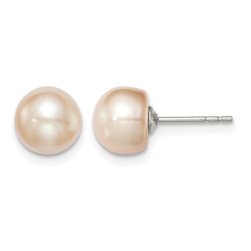 Sterling Silver Rhodium-plated 7-8mm Pink Button Freshwater Cultured Pearl Post Earrings