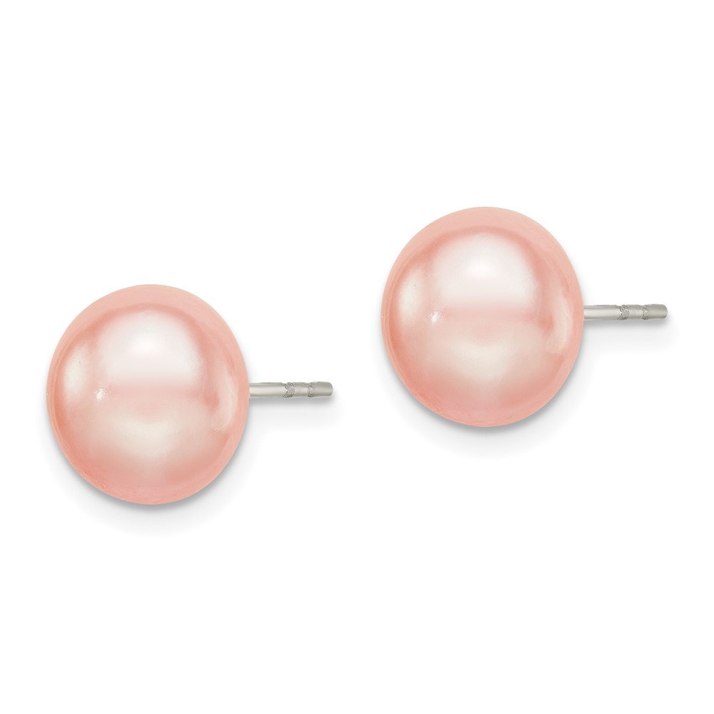 Sterling Silver Rhodium-plated 9-10mm Pink Button Freshwater Cultured Pearl Post Earrings (QE12686)