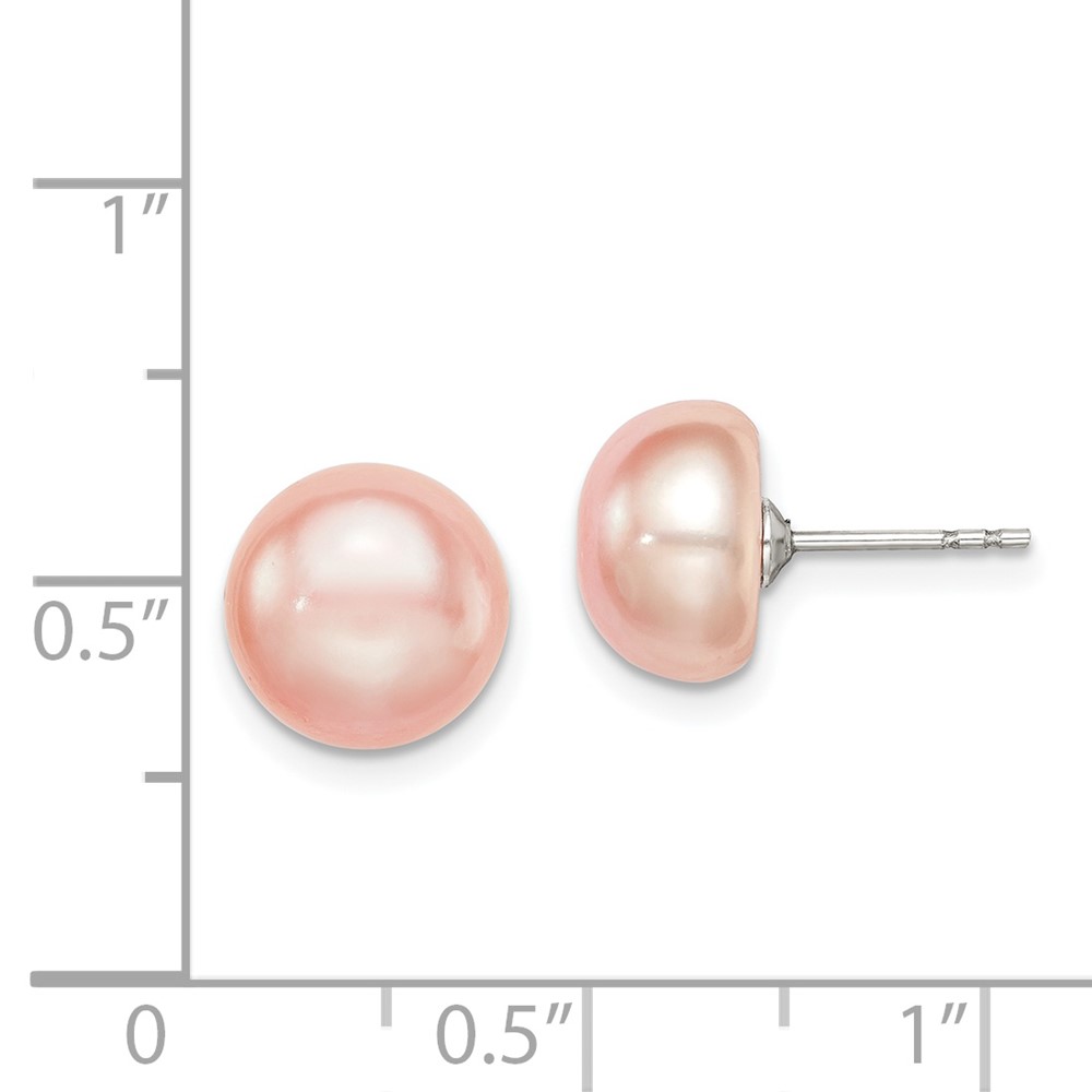 Sterling Silver Rhodium-plated 9-10mm Pink Button Freshwater Cultured Pearl Post Earrings (QE12686)
