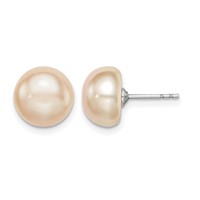 Sterling Silver Rhodium-plated 9-10mm Pink Button Freshwater Cultured Pearl Post Earrings view 1