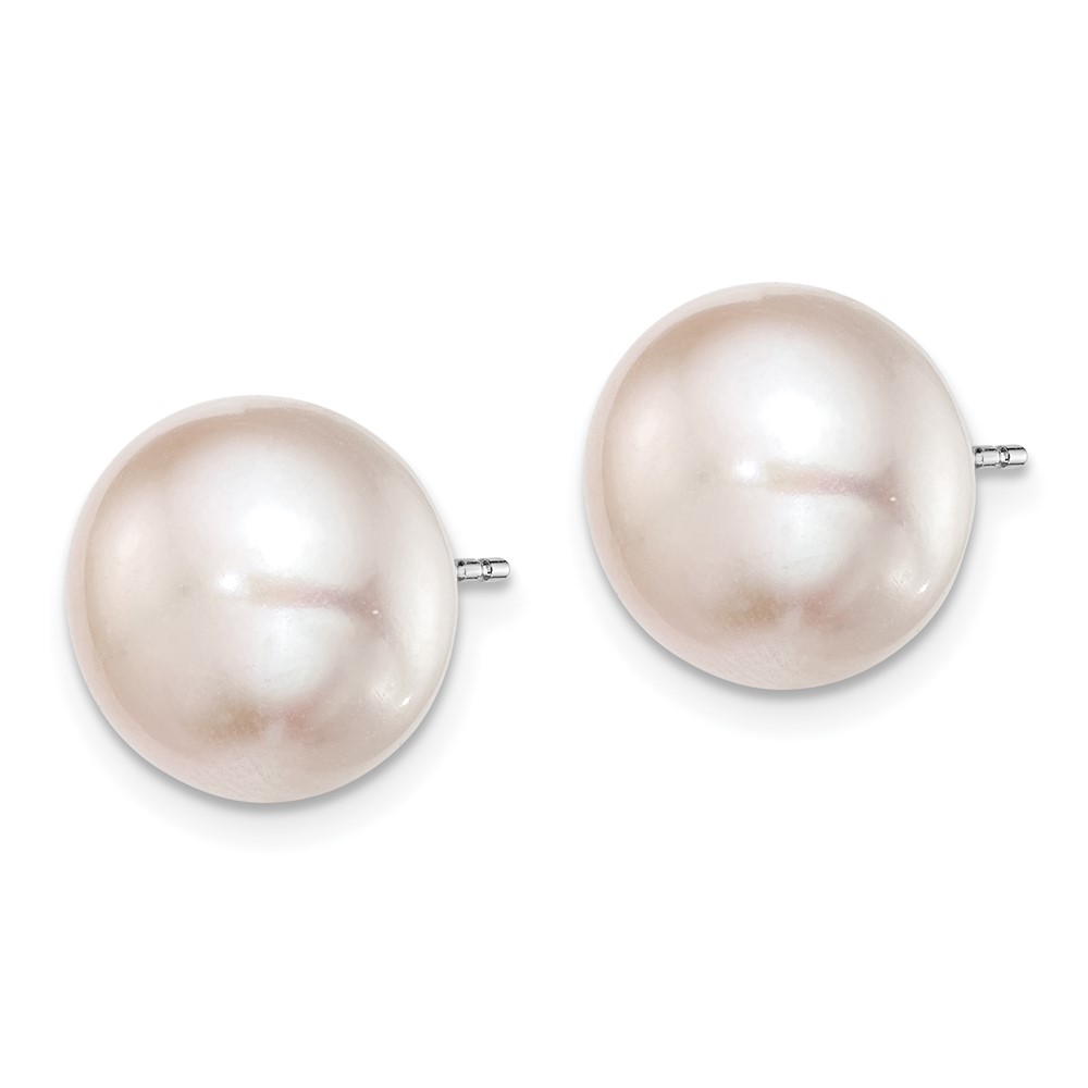 Sterling Silver Rhodium-plated 11-12mm Pink Button Freshwater Cultured Pearl Post Earrings (QE12687)