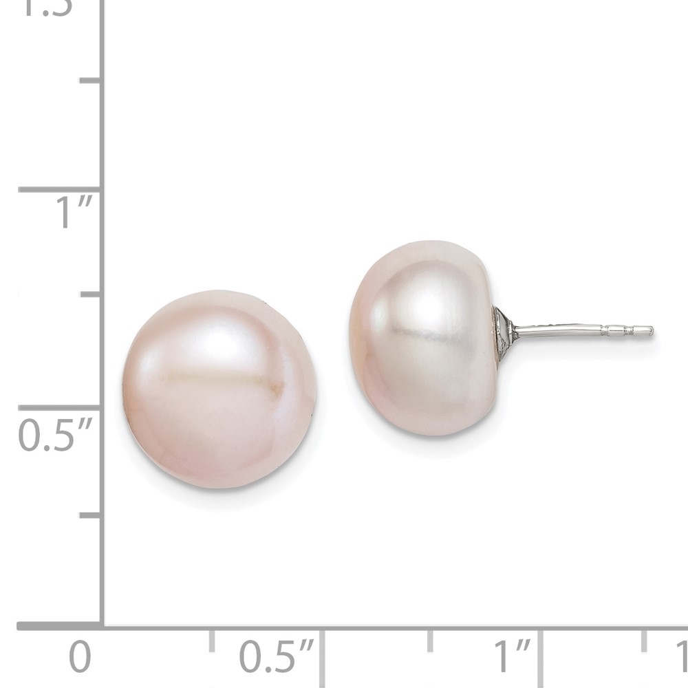 Sterling Silver Rhodium-plated 11-12mm Pink Button Freshwater Cultured Pearl Post Earrings (QE12687)