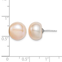 Sterling Silver Rhodium-plated 11-12mm Pink Button Freshwater Cultured Pearl Post Earrings view 4