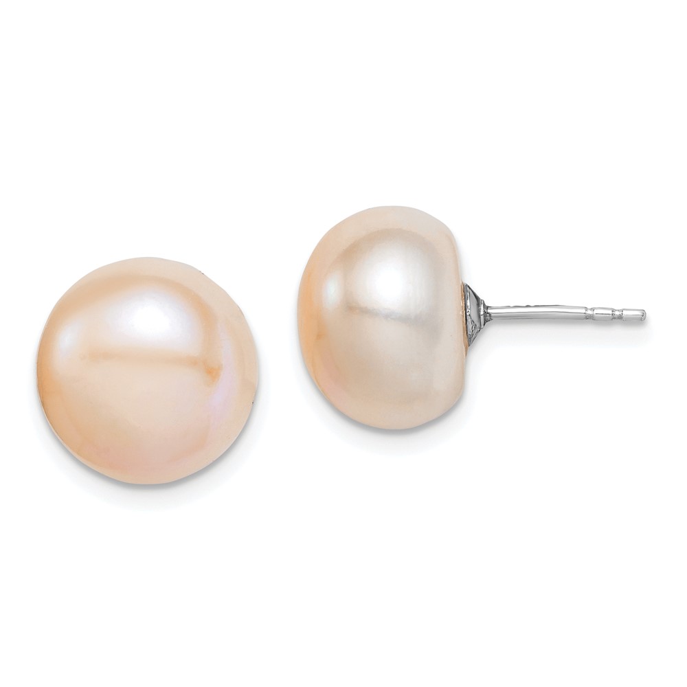 Sterling Silver Rhodium-plated 11-12mm Pink Button Freshwater Cultured Pearl Post Earrings (QE12687)