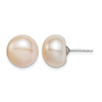 Sterling Silver Rhodium-plated 11-12mm Pink Button Freshwater Cultured Pearl Post Earrings view 1