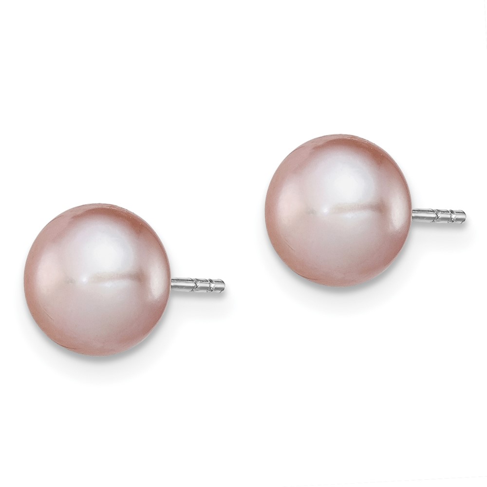 Sterling Silver Rhodium-plated 7-8mm Purple Button Freshwater Cultured Pearl Post Earrings (QE12692)