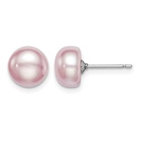 Sterling Silver Rhodium-plated 8-9mm Purple Button Freshwater Cultured Pearl Post Earrings view 1