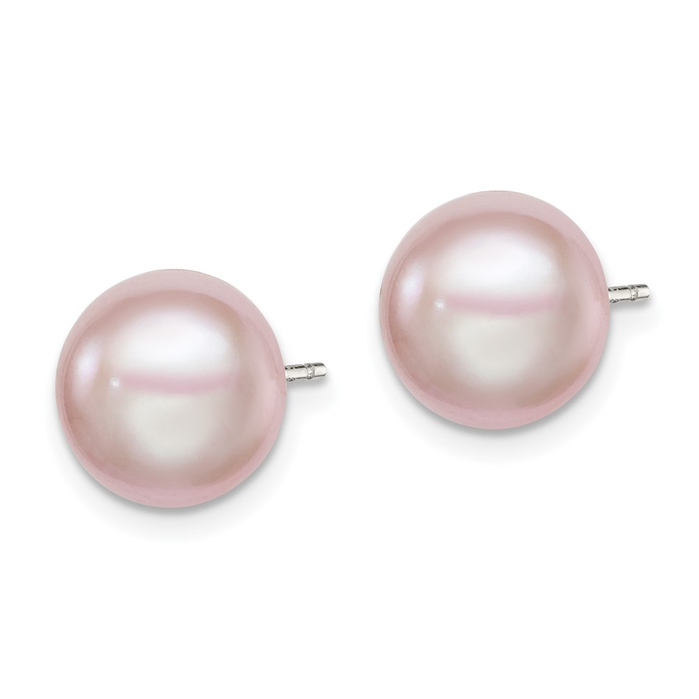 Sterling Silver Rhodium-plated 9-10mm Purple Button Freshwater Cultured Pearl Post Earrings (QE12694)