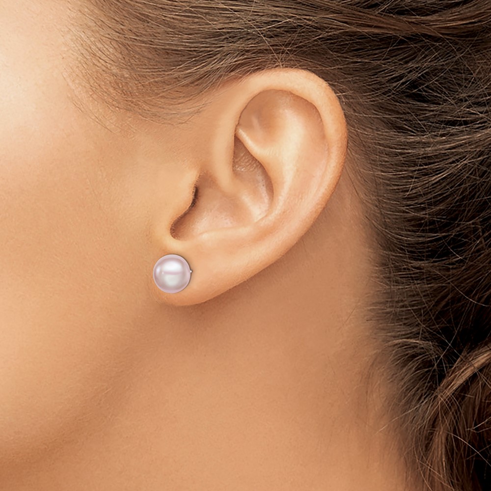 Sterling Silver Rhodium-plated 9-10mm Purple Button Freshwater Cultured Pearl Post Earrings (QE12694)