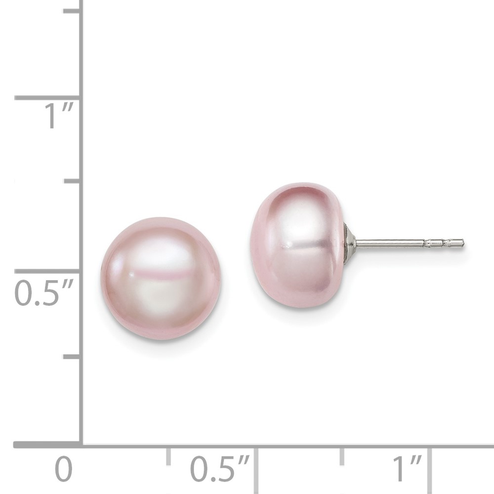 Sterling Silver Rhodium-plated 9-10mm Purple Button Freshwater Cultured Pearl Post Earrings (QE12694)
