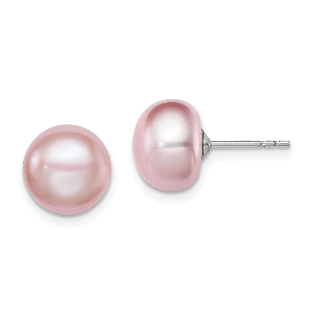 Sterling Silver Rhodium-plated 9-10mm Purple Button Freshwater Cultured Pearl Post Earrings (QE12694)