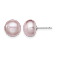 Sterling Silver Rhodium-plated 9-10mm Purple Button Freshwater Cultured Pearl Post Earrings view 1