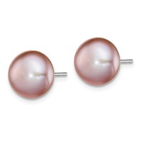 Sterling Silver Rhodium-plated 10-11mm Purple Button Freshwater Cultured Pearl Post Earrings view 2