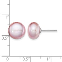 Sterling Silver Rhodium-plated 10-11mm Purple Button Freshwater Cultured Pearl Post Earrings view 4