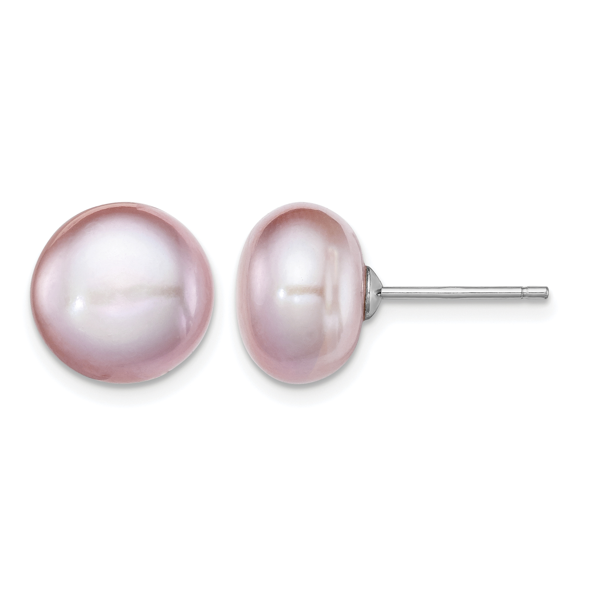 Sterling Silver Rhodium-plated 10-11mm Purple Button Freshwater Cultured Pearl Post Earrings (QE12695)