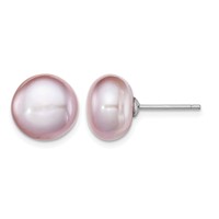 Sterling Silver Rhodium-plated 10-11mm Purple Button Freshwater Cultured Pearl Post Earrings view 1