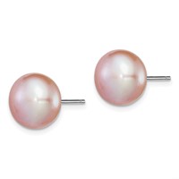 Sterling Silver Rhodium-plated 11-12mm Purple Button Freshwater Cultured Pearl Post Earrings view 2