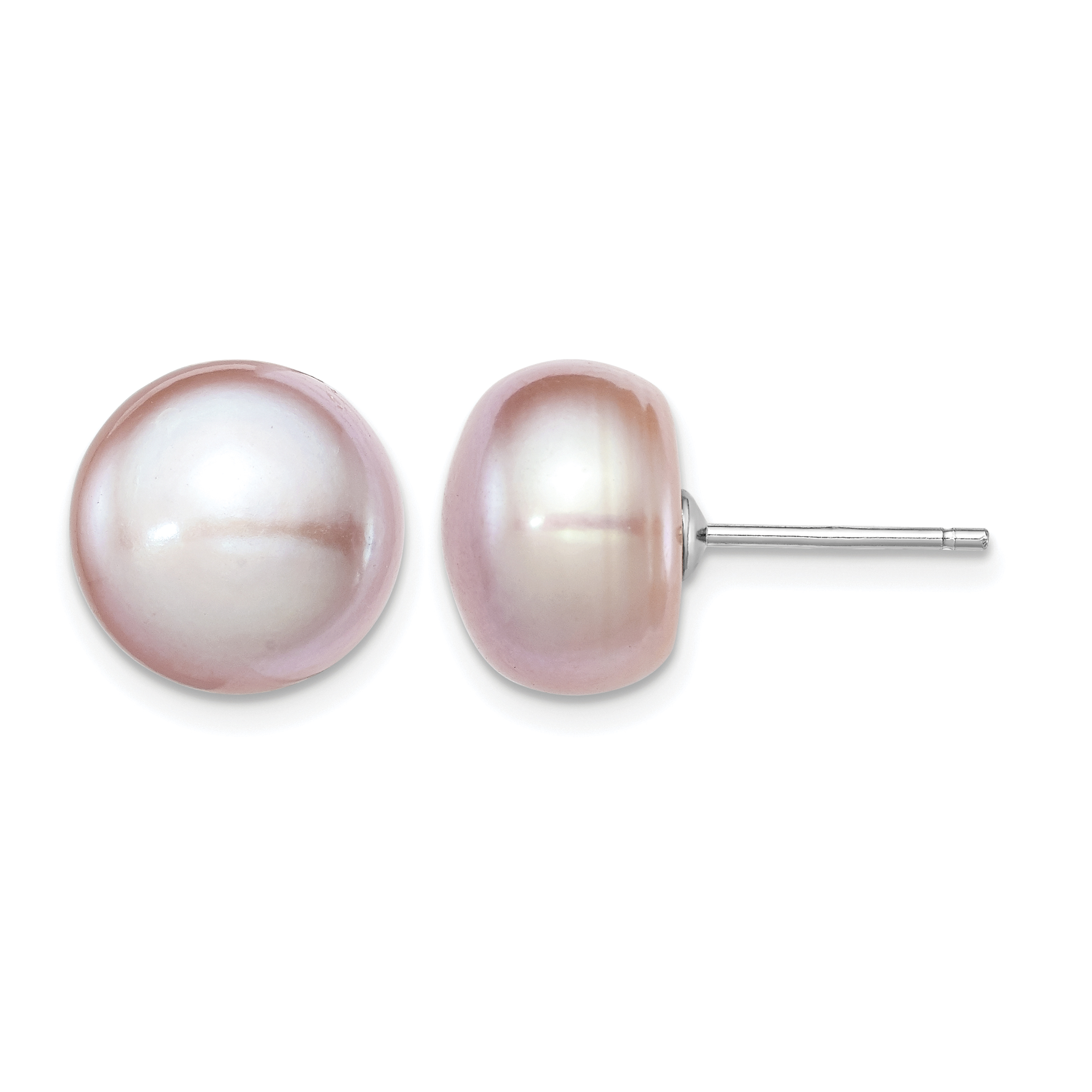 Sterling Silver Rhodium-plated 11-12mm Purple Button Freshwater Cultured Pearl Post Earrings (QE12696)