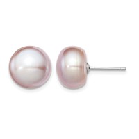 Sterling Silver Rhodium-plated 11-12mm Purple Button Freshwater Cultured Pearl Post Earrings view 1