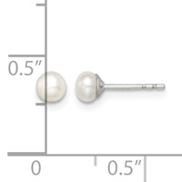 Sterling Silver Rhodium-plated 3-4mm White Button Freshwater Cultured Pearl Post Earrings view 4