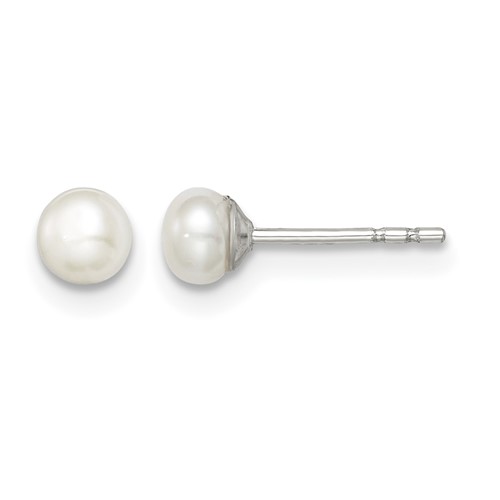 Sterling Silver Rhodium-plated 3-4mm White Button Freshwater Cultured Pearl Post Earrings
