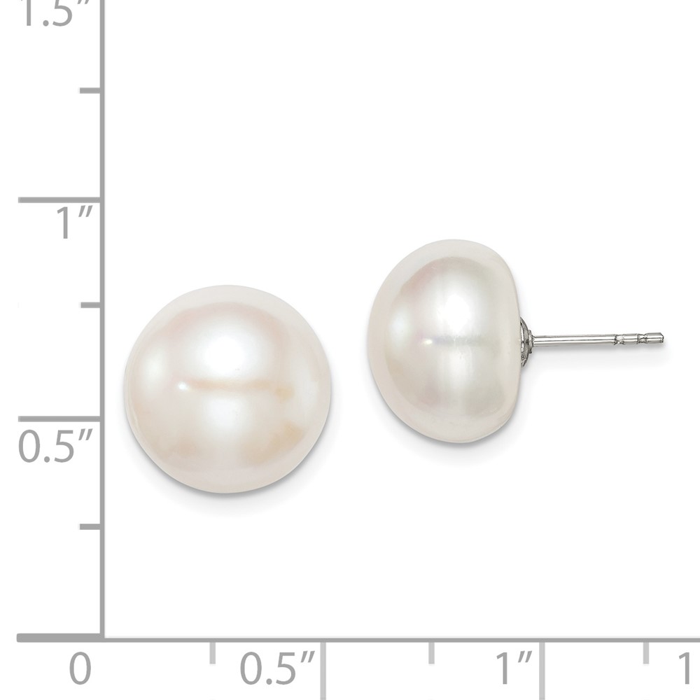 Sterling Silver Rhodium-plated 12-13mm White Button Freshwater Cultured Pearl Post Earrings (QE12698)