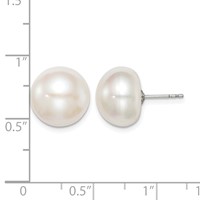 Sterling Silver Rhodium-plated 12-13mm White Button Freshwater Cultured Pearl Post Earrings view 4