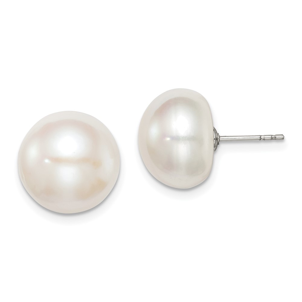 Sterling Silver Rhodium-plated 12-13mm White Button Freshwater Cultured Pearl Post Earrings (QE12698)