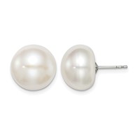 Sterling Silver Rhodium-plated 12-13mm White Button Freshwater Cultured Pearl Post Earrings view 1