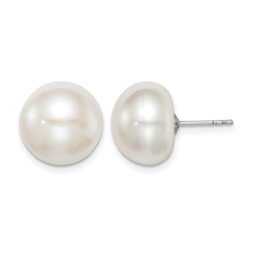 Sterling Silver Rhodium-plated 12-13mm White Button Freshwater Cultured Pearl Post Earrings