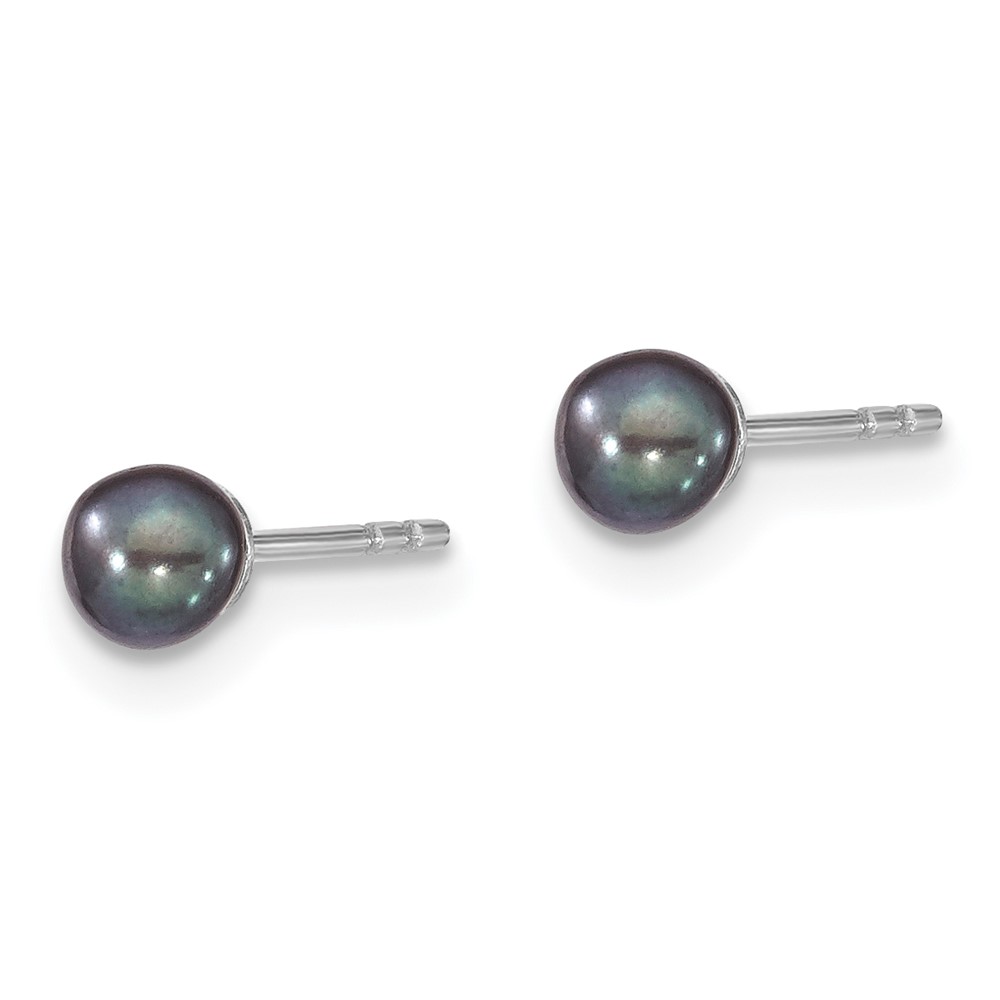 Sterling Silver Rhodium-plated 3-4mm Black Round Freshwater Cultured Pearl Post Earrings (QE12699)